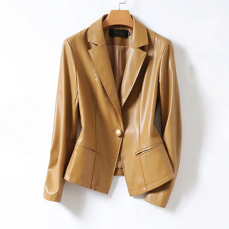 Blazer de cuero refinado con un botón para mujer