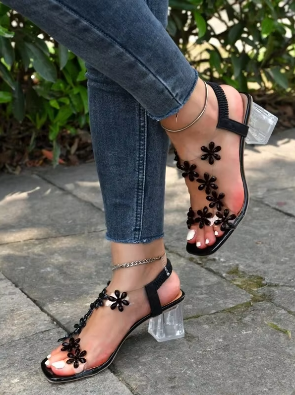 Women's Flower Rhinestone Heel Sandals-MODAUTLET