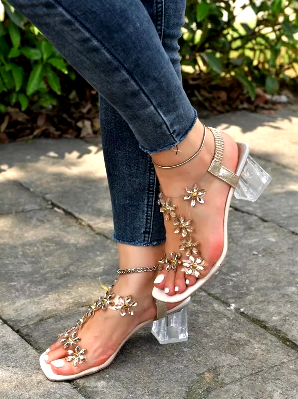 Women's Flower Rhinestone Heel Sandals-MODAUTLET