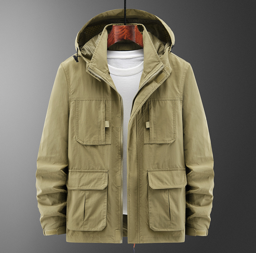 Men's Hooded Jacket with Double Zipper Khaki