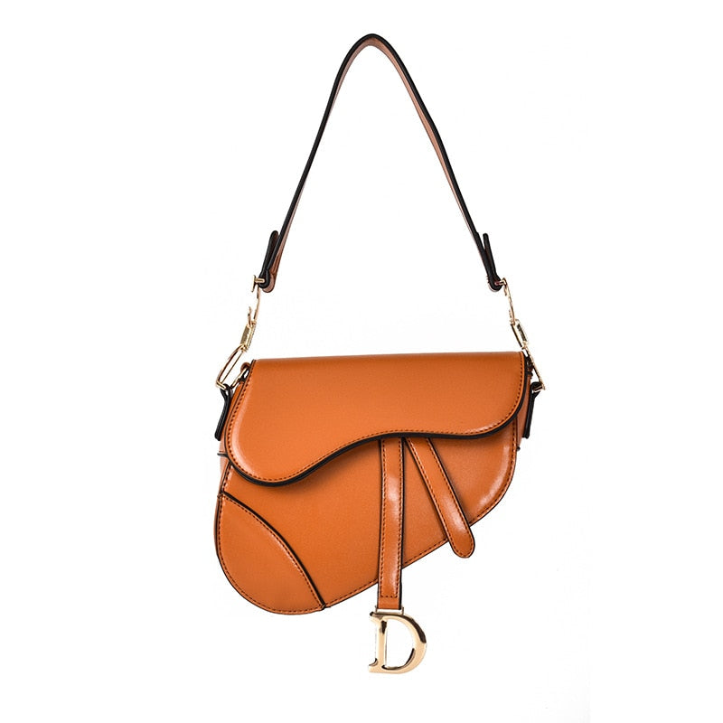 PU Leather Saddle Shoulder Bag For Women With Wide Strap Brown