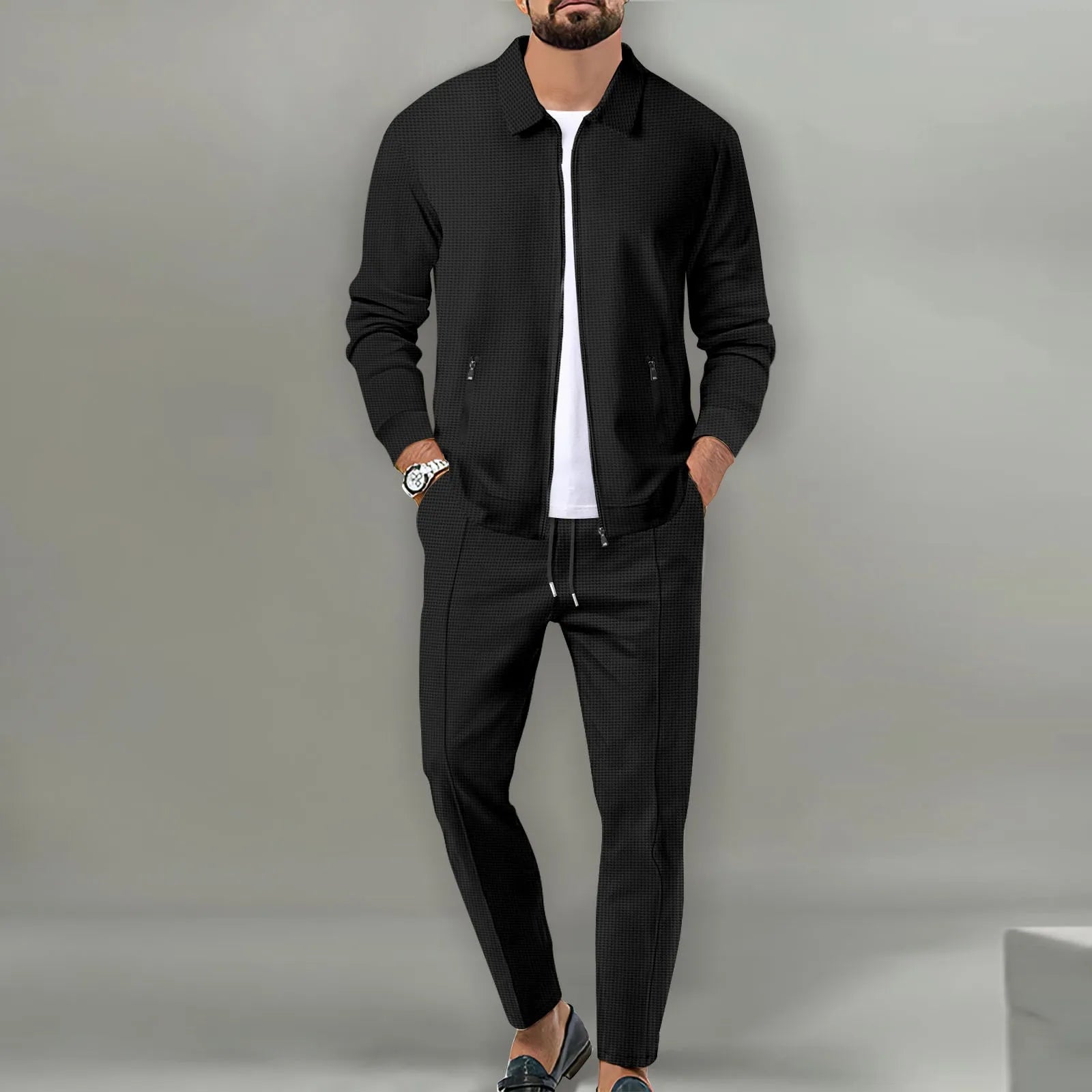 Stephen | Soft Waffle Casual Outerwear Set Black