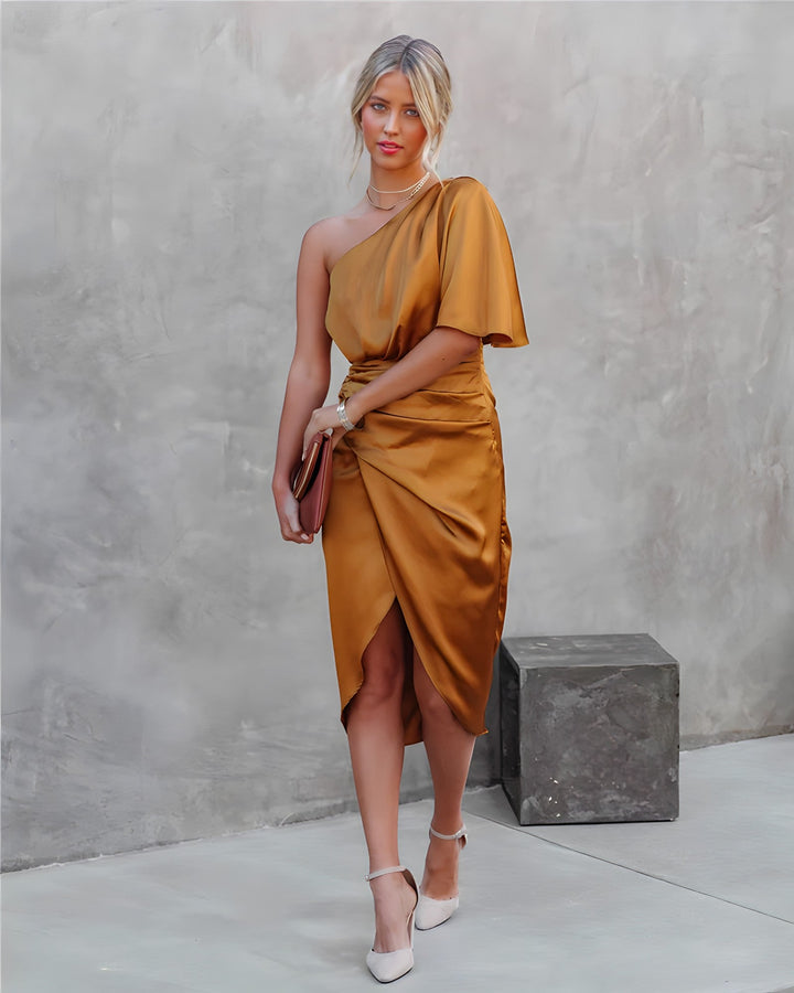 Ava | Damen Midi-Kleid mit Einem Schulterriemen und Wickeldesign für Eleganten Stil