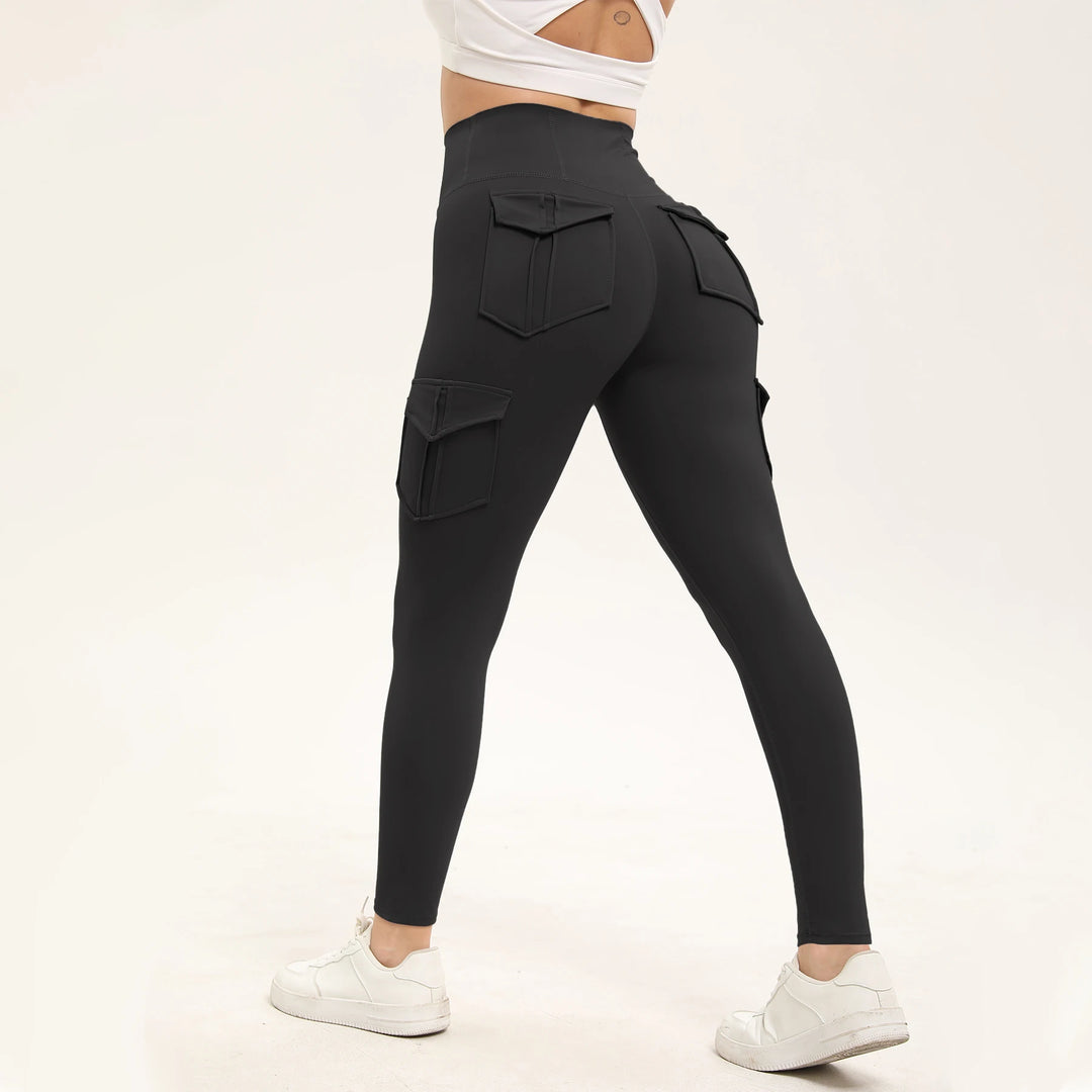 Dame træningsleggings med høj talje i ensfarvet design og lommer