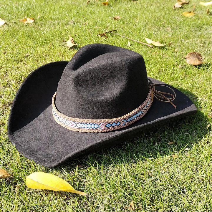 Adjustable Suede Wide-Brim Cowboy Fedora Hat-MODAUTLET