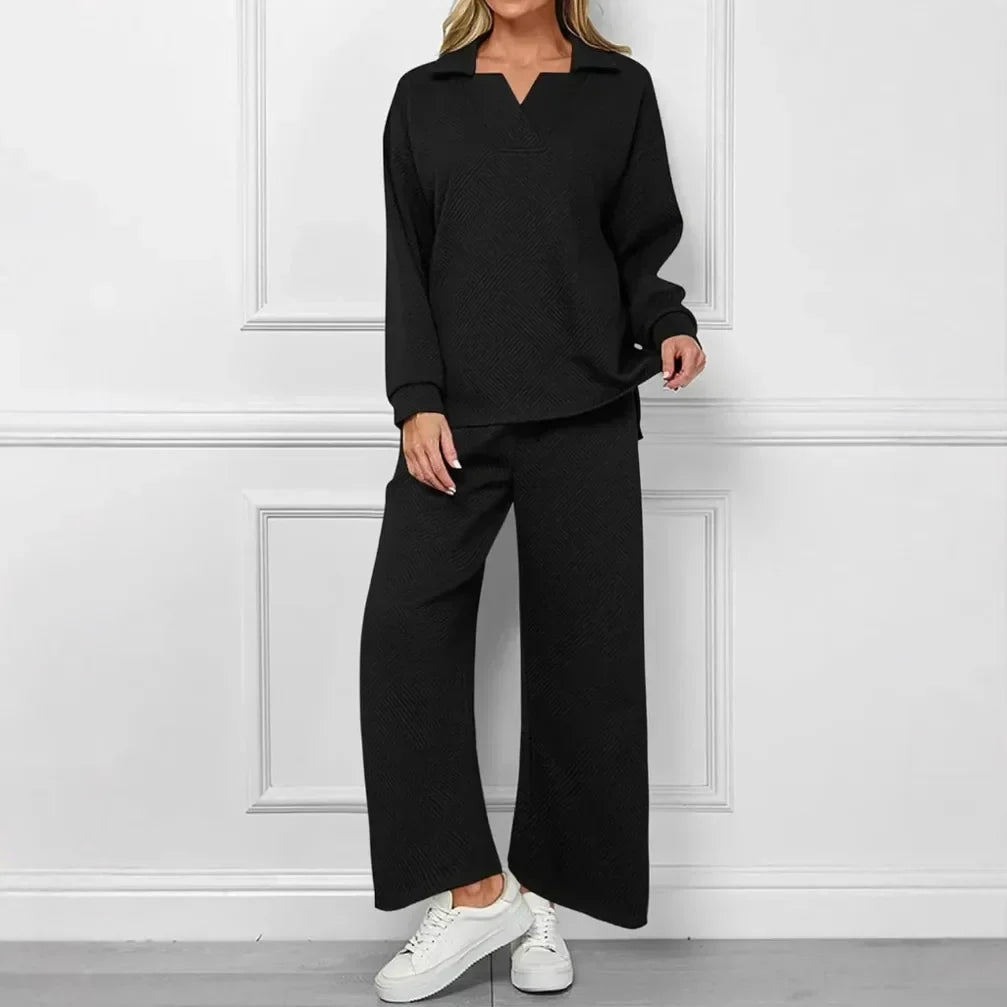 Mireya Textured V‑Neck Lounge Two‑Piece Set Black