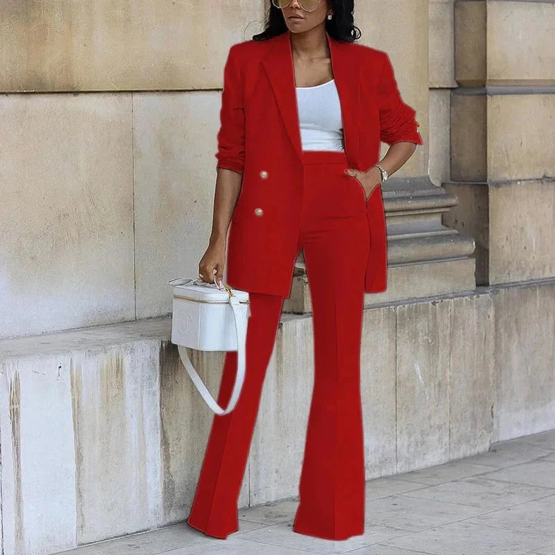 Women's Elegant Double-Breasted Blazer and Flared Trousers Set - Tailored Formal Outfit-MODAUTLET