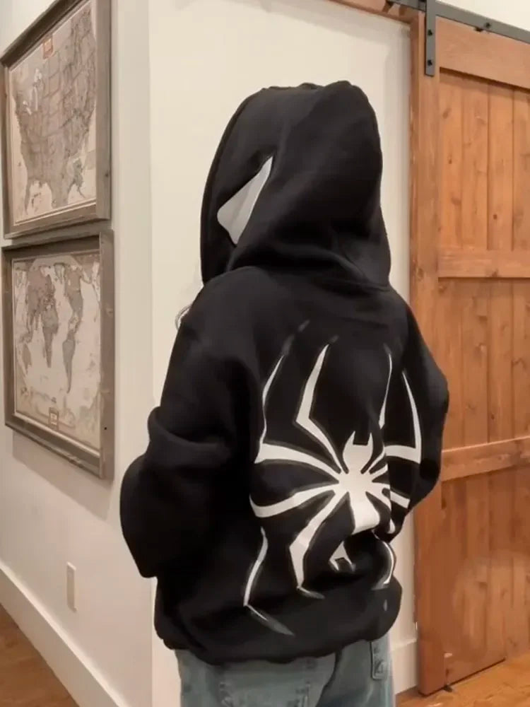 Spider Print Hoodie Unisex Gothic Streetwear Pullover Negro