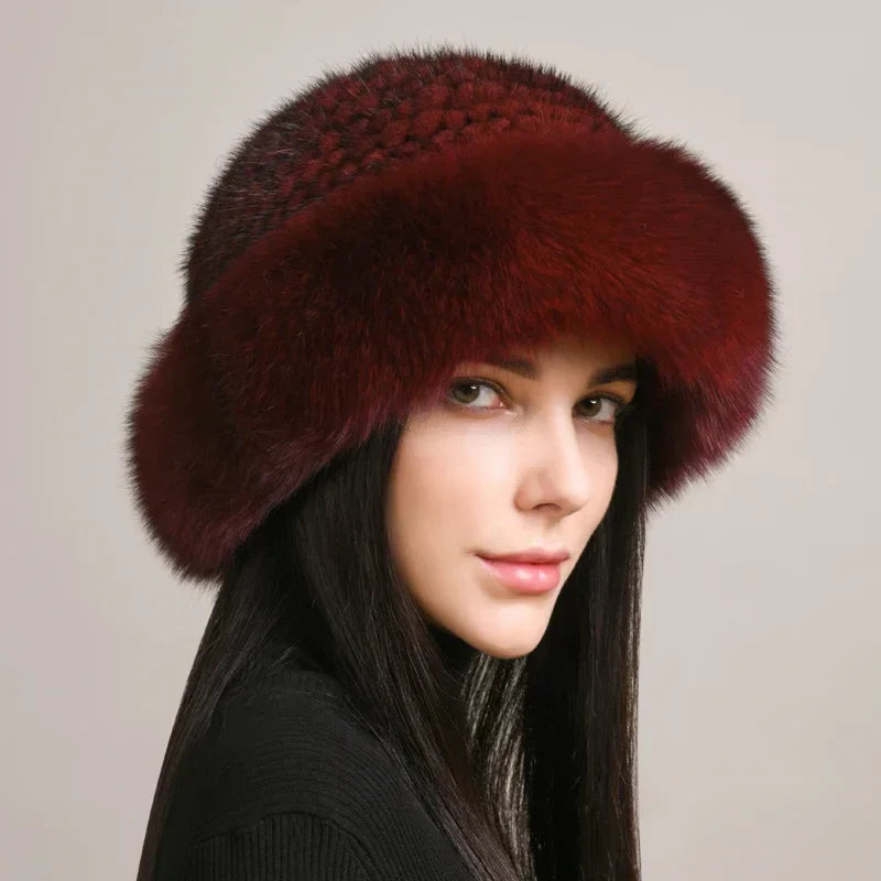 Mink Fur Hat With Knitted Base For Luxurious Warmth Burgundy Elastic(54-62cm)