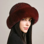 Mink Fur Hat With Knitted Base For Luxurious Warmth Burgundy Elastic(54-62cm)