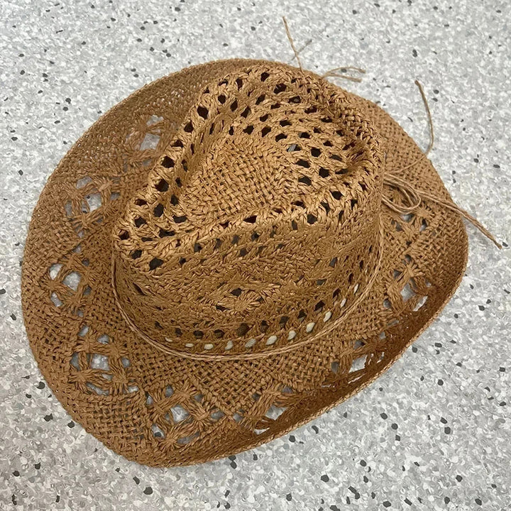 Bohemian Straw Cowboy Hat with Wooden Beads – Perfect for Sun Protection-MODAUTLET