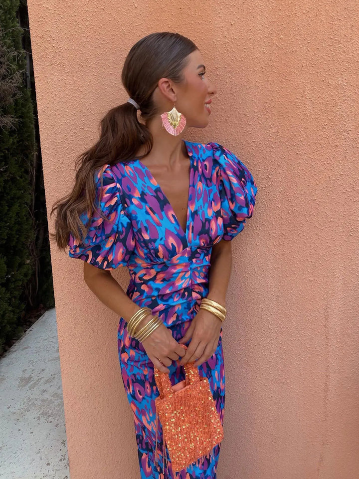 Sydney | Vestido midi de verano para mujer con mangas abullonadas y estampado floral