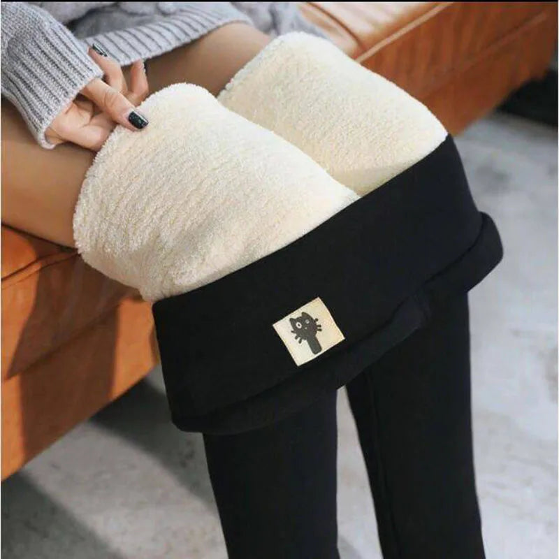 Women's High Waist Thermal Fleece Leggings for Winter Comfort Black Cat