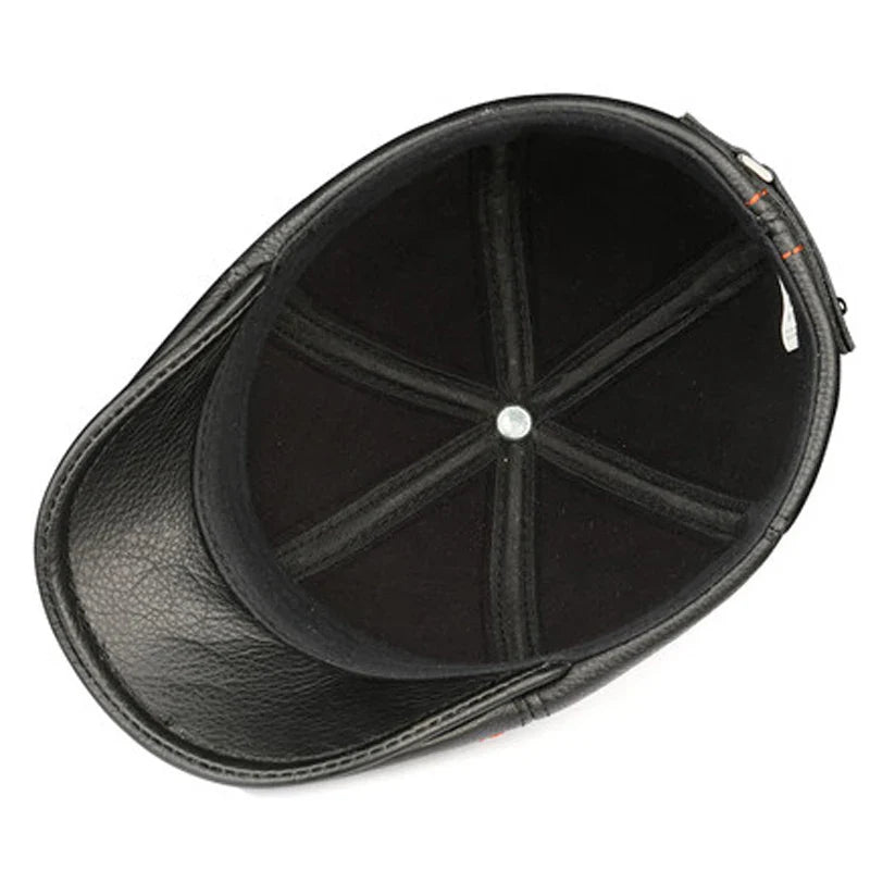 Men's Striped Black Cowhide Leather Beret Cap