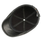 Men's Striped Black Cowhide Leather Beret Cap