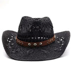 Bohemian Straw Cowboy Hat with Wooden Beads – Perfect for Sun Protection black 2 M (56-58cm)