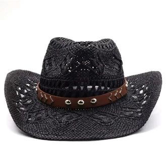 Bohemian Straw Cowboy Hat with Wooden Beads – Perfect for Sun Protection black 2 M (56-58cm)