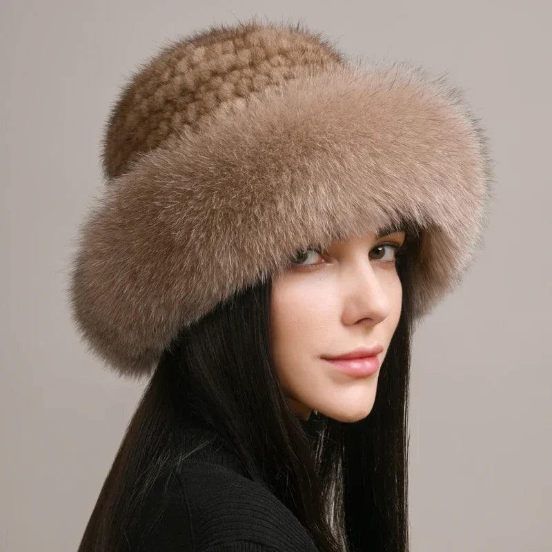 Mink Fur Hat With Knitted Base For Luxurious Warmth Brown Elastic(54-62cm)