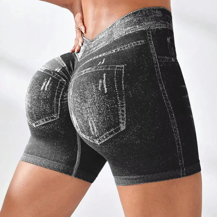 Women's V Back Faux Jeans Workout Shorts for Fitness and Yoga