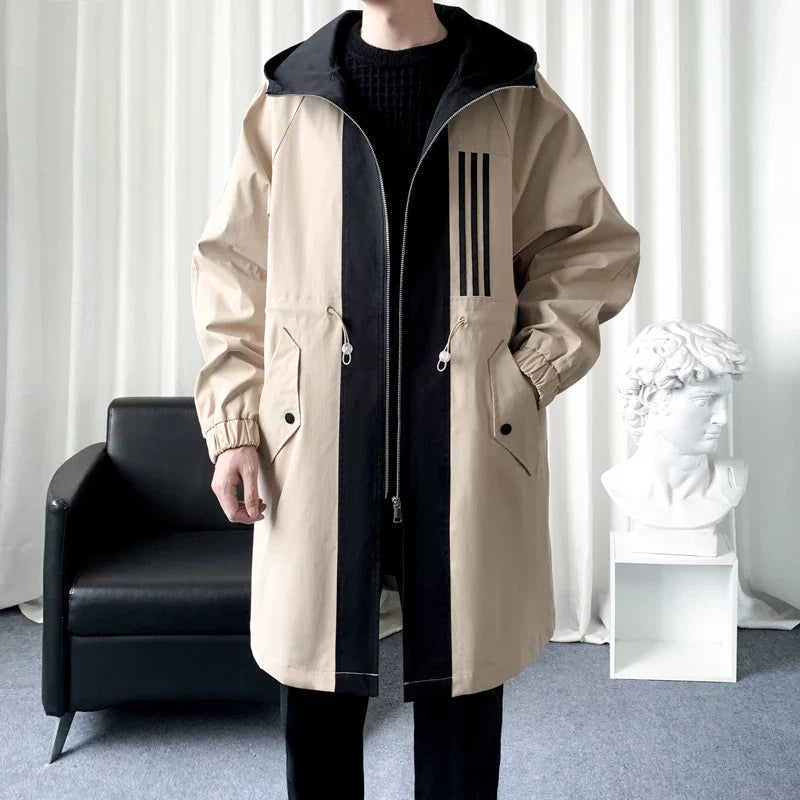 Men's Colour-Blocked Hooded Overcoat Jacket Khaki