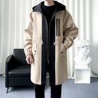 Men's Colour-Blocked Hooded Overcoat Jacket Khaki