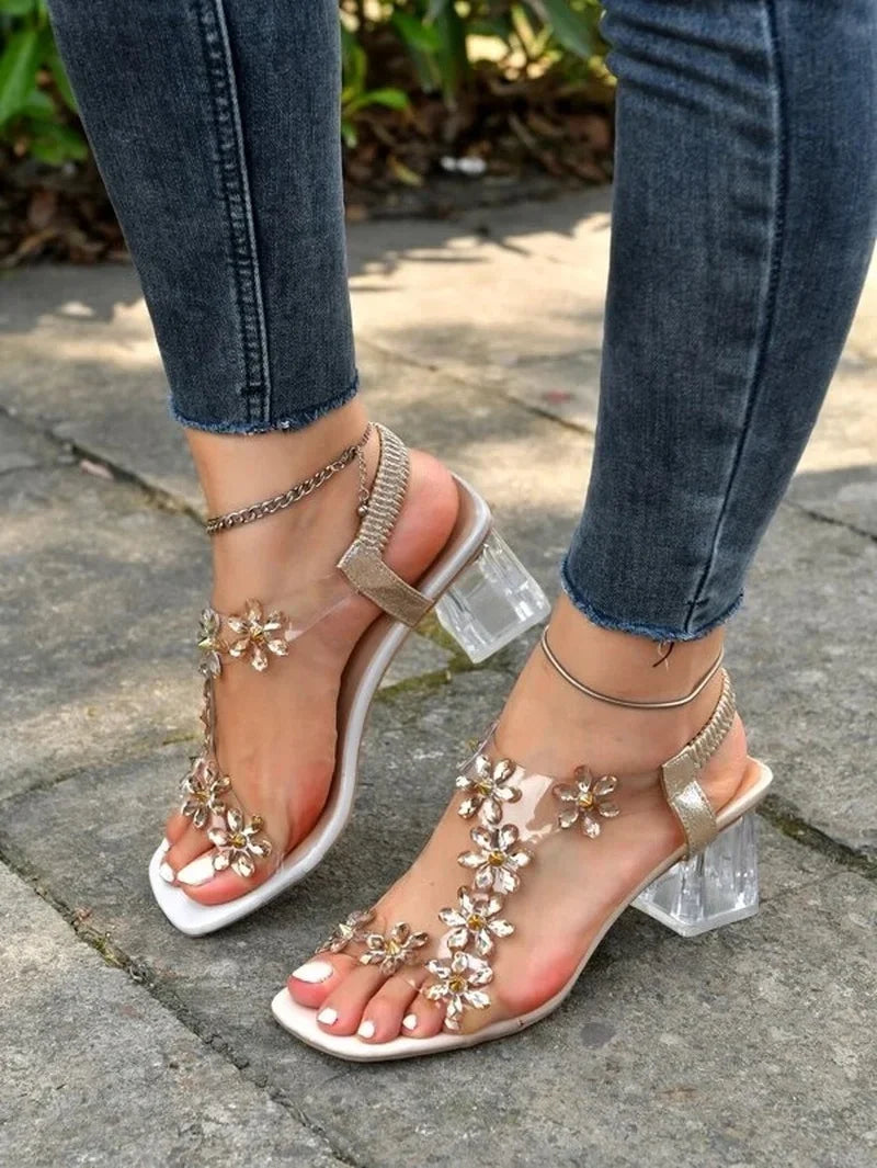 Women's Flower Rhinestone Heel Sandals-MODAUTLET