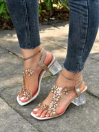 Women's Flower Rhinestone Heel Sandals