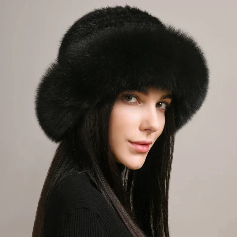 Mink Fur Hat With Knitted Base For Luxurious Warmth Black Elastic(54-62cm)