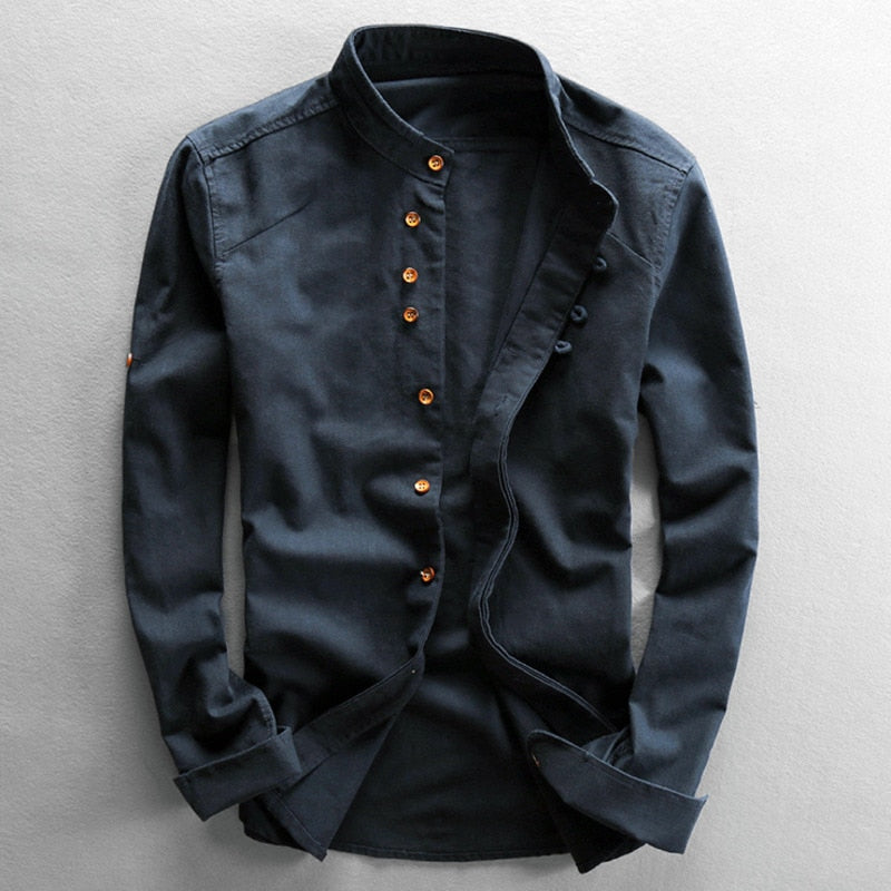 Breathable Linen Cotton Shirt With Japanese Style Design Navy