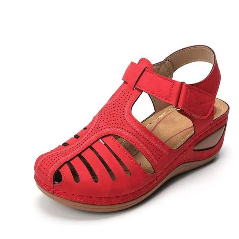 Women's Vintage Orthopedic PU Leather Sandals for Summer Red