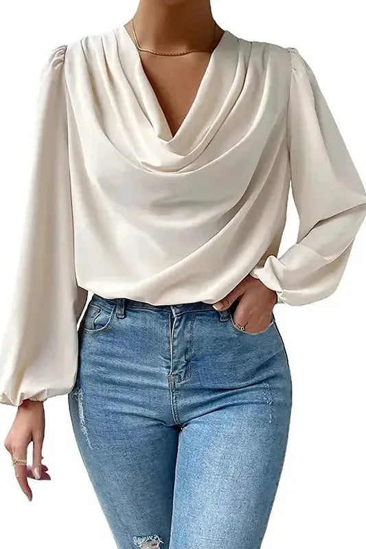 Womens Softly Draped Neckline Blouse Beige