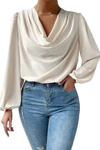 Womens Softly Draped Neckline Blouse Beige