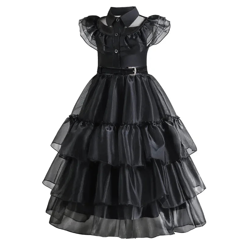 Halloween's Black Layered Cake Gown for Girls with Mesh Details