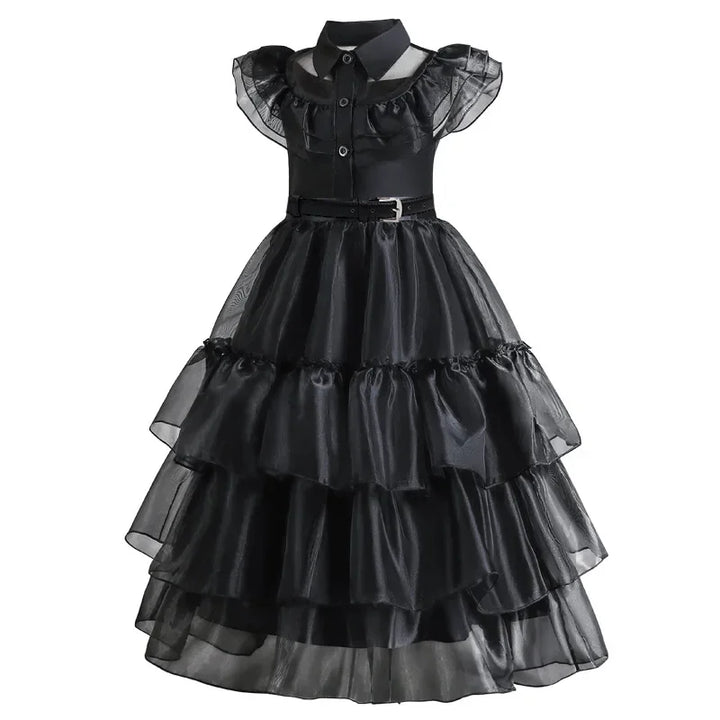 Halloween's Black Layered Cake Gown for Girls with Mesh Details