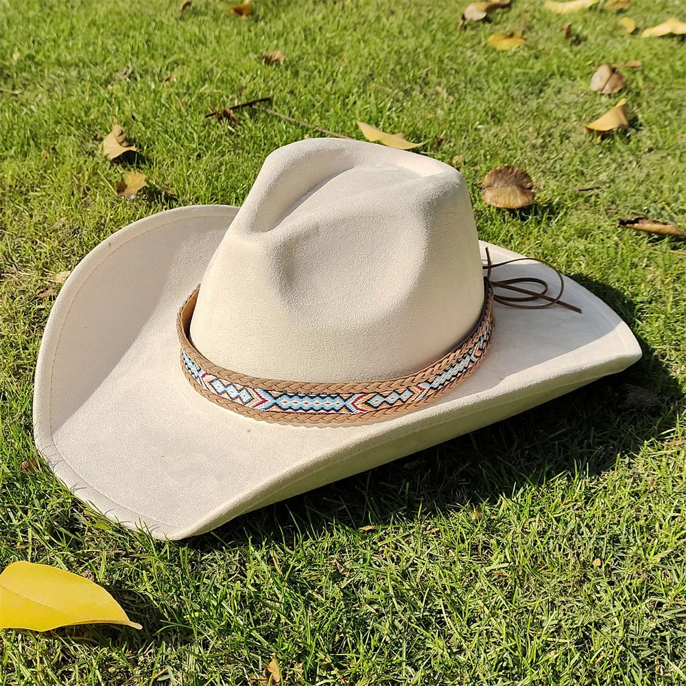 Adjustable Suede Wide-Brim Cowboy Fedora Hat-MODAUTLET