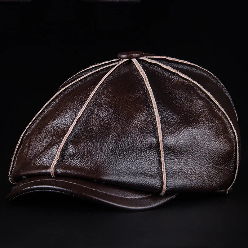 Authentic Cowhide Leather Octagonal Cap – Warm & Adjustable for Men deep coffee