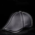 Men's Striped Black Cowhide Leather Beret Cap