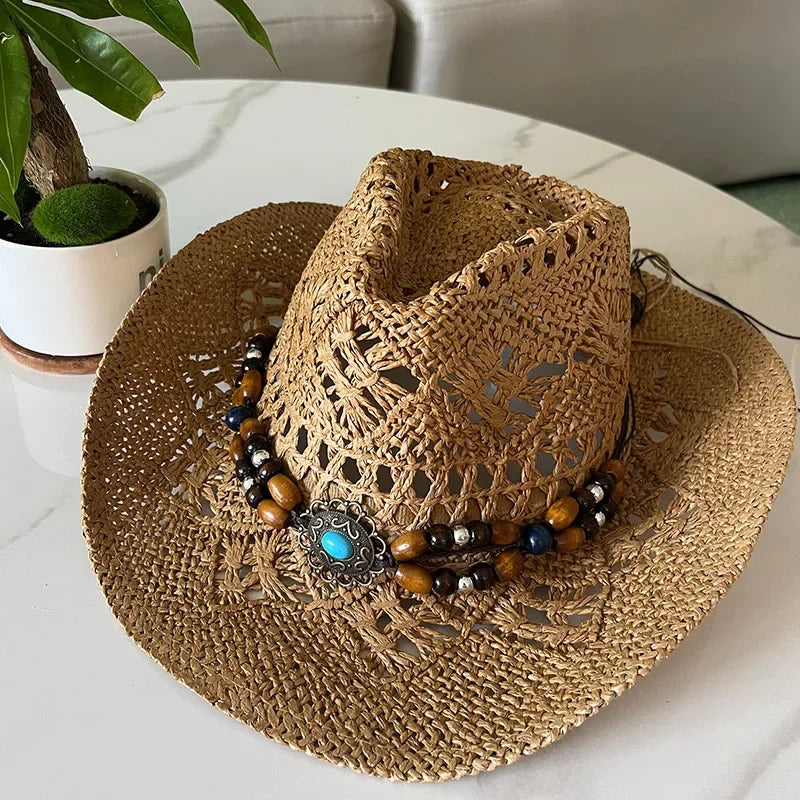 Bohemian Straw Cowboy Hat with Wooden Beads – Perfect for Sun Protection khaki M (56-58cm)