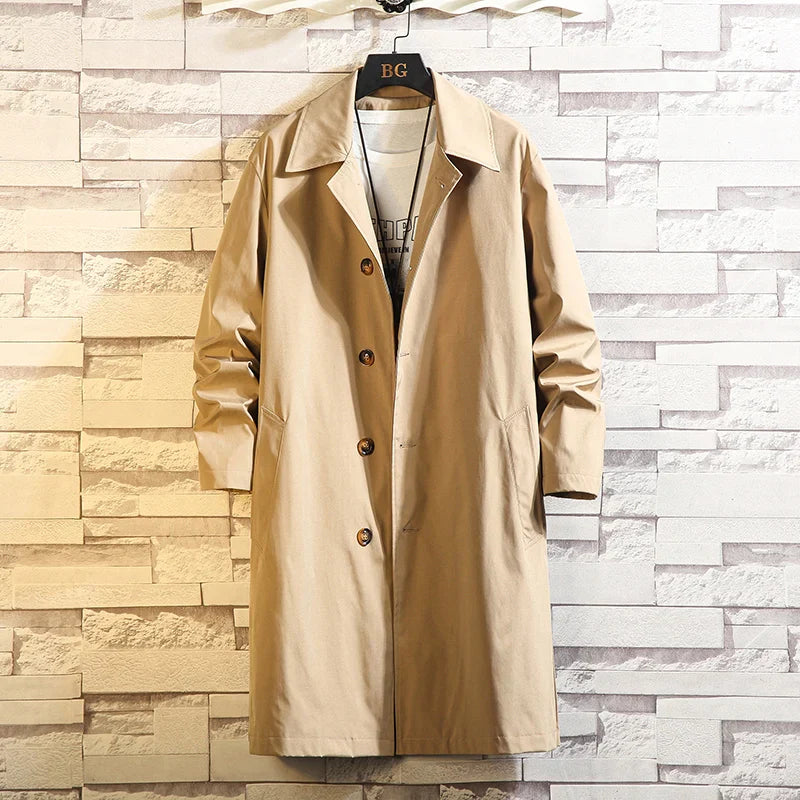 Men's Oversized Monochrome Long Windbreaker Jacket Khaki