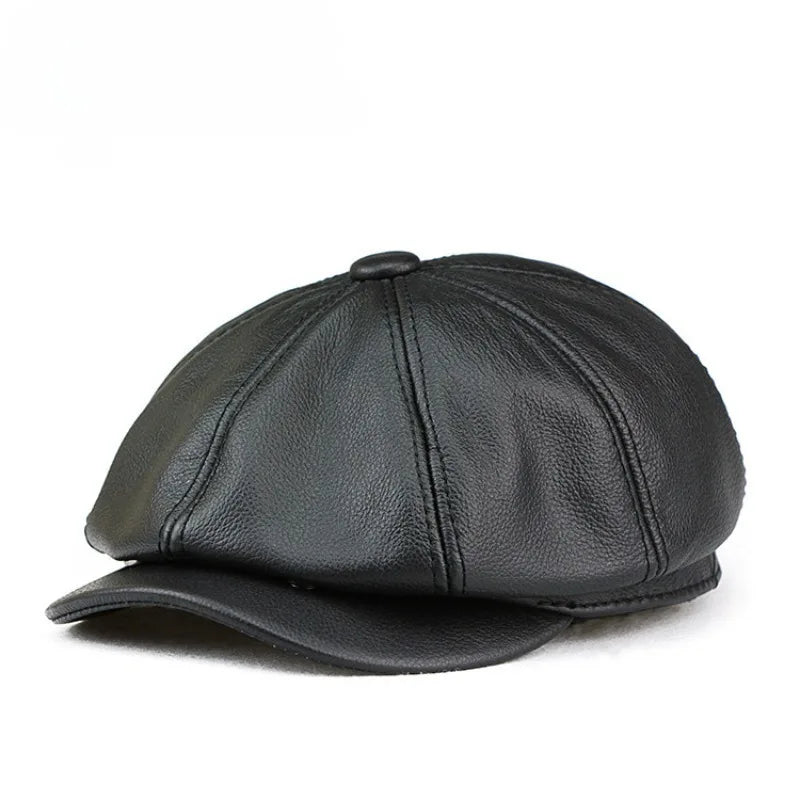 XXL Oversized Cowhide Leather Octagonal Newsboy Hat - 62 cm Black