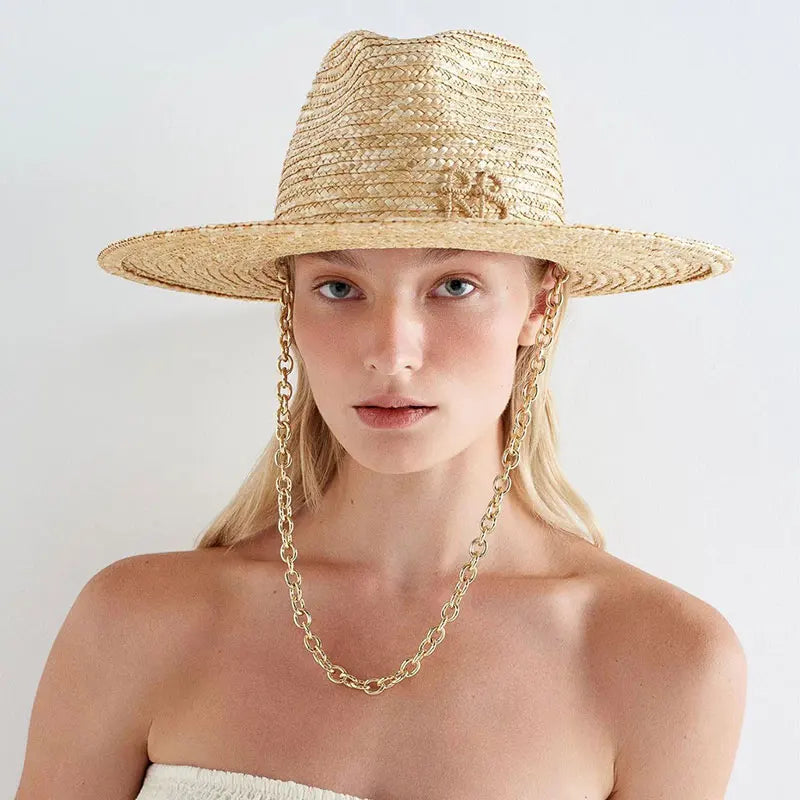 Elegant Handmade Straw Sun Hat With Metal Chain For Women