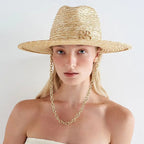 Elegant Handmade Straw Sun Hat With Metal Chain For Women