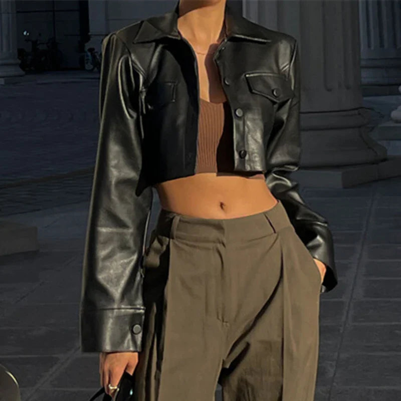 Stylish Faux Leather Cropped Jacket