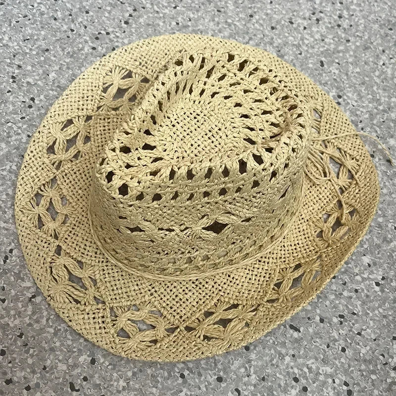 Bohemian Straw Cowboy Hat with Wooden Beads – Perfect for Sun Protection light khaki 3 M (56-58cm)