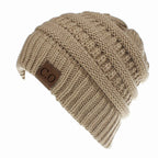 Cozy Stretch Knit Messy Bun Beanie Khaki