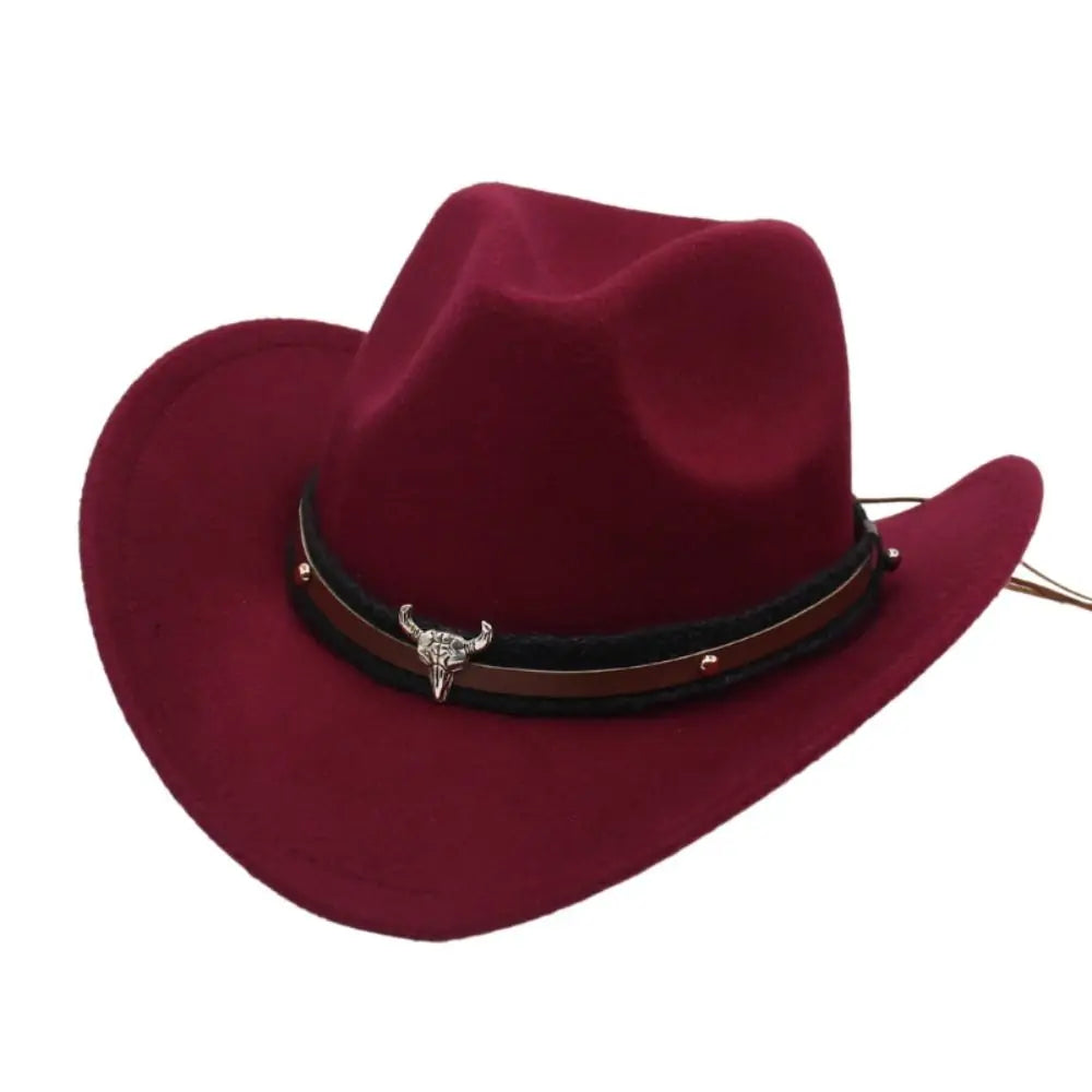 Western Cowboy Hat – Jazz Knight Felt Hat with Bull Décor Wine Red