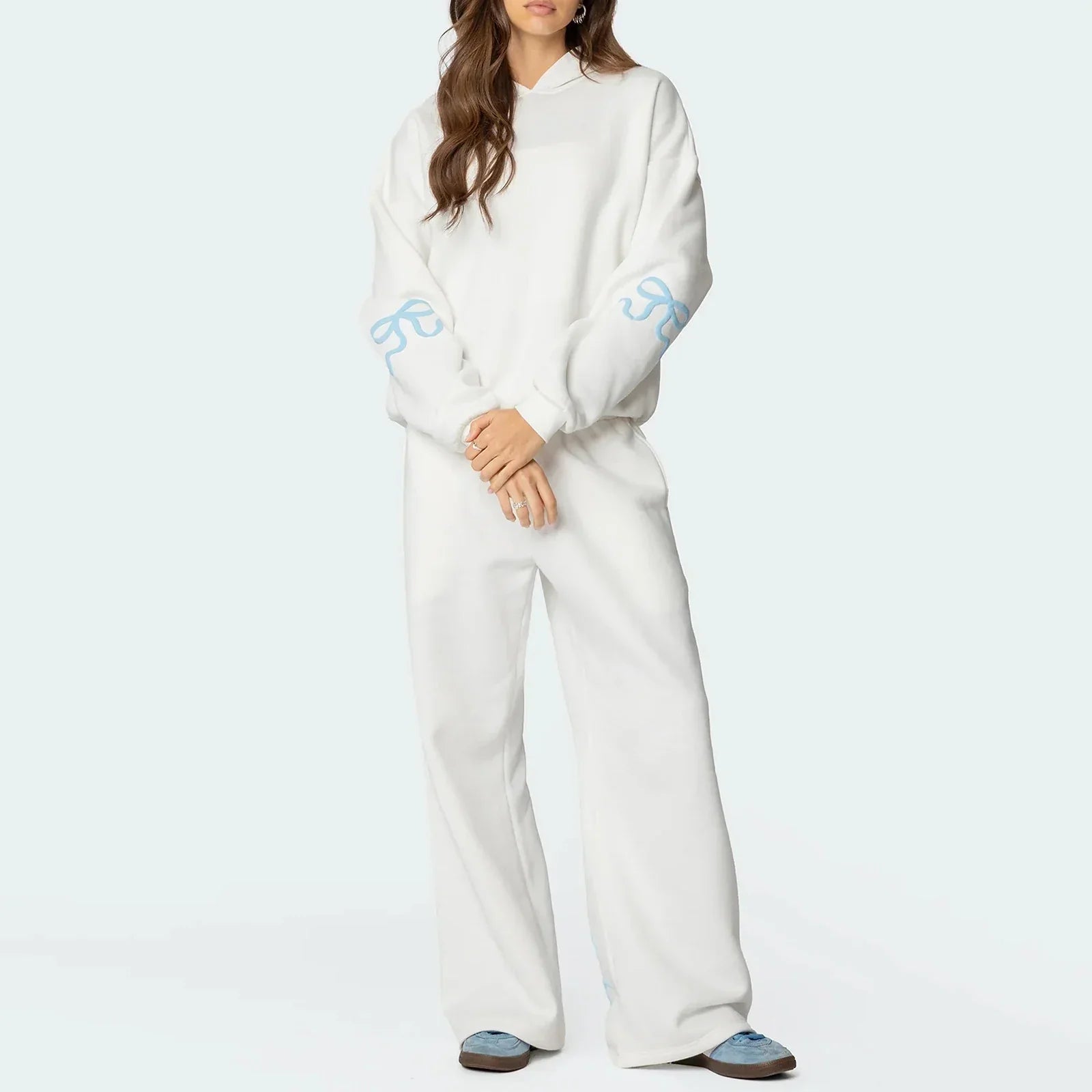 Women’s 2-Piece Bow Print Hoodie & Wide Leg Pants Set White