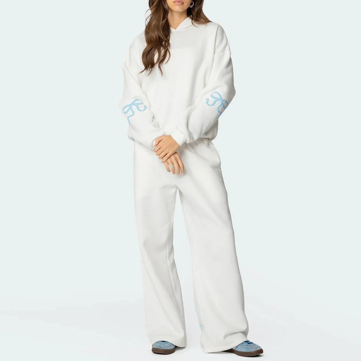 Women’s 2-Piece Bow Print Hoodie & Wide Leg Pants Set-MODAUTLET