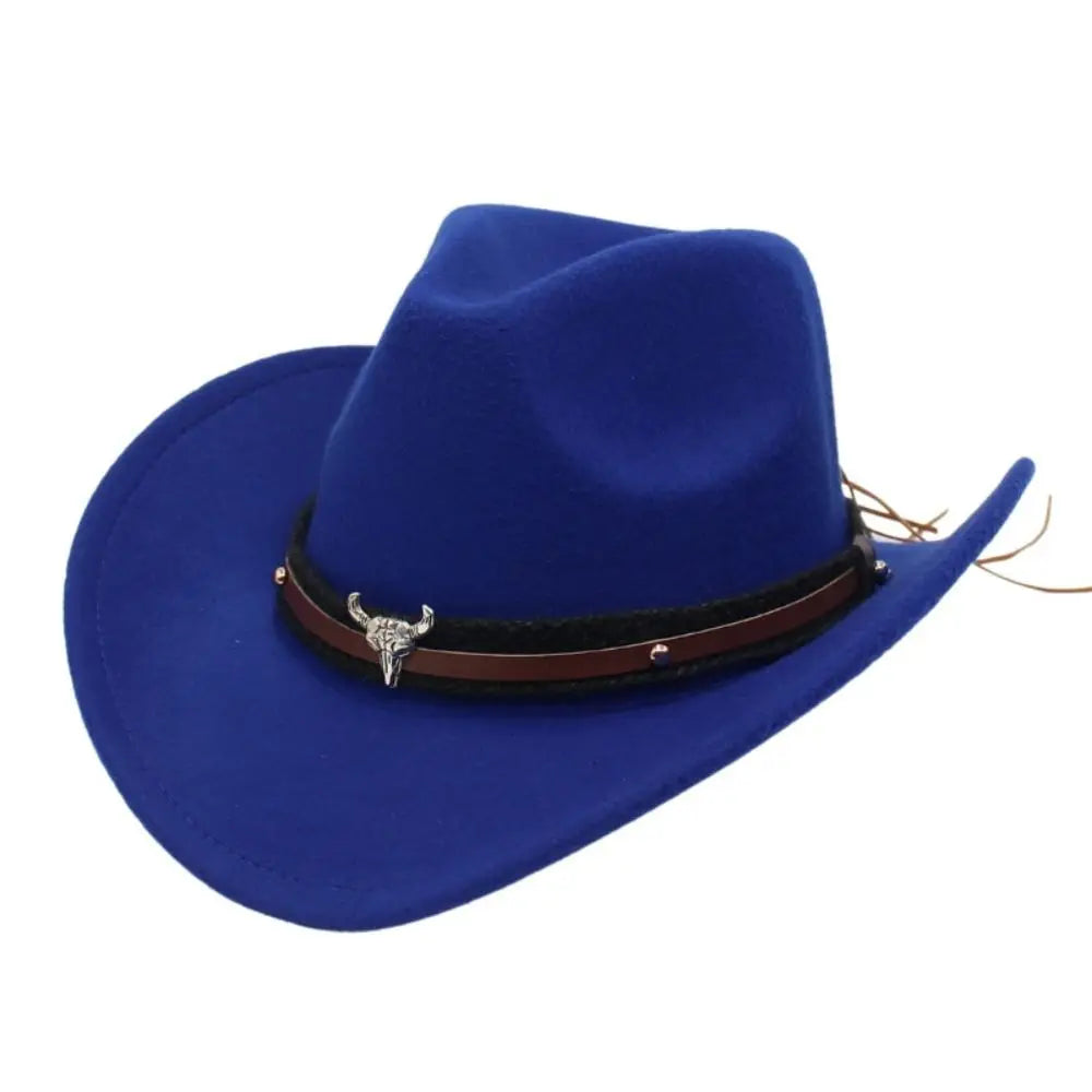 Western Cowboy Hat – Jazz Knight Felt Hat with Bull Décor Blue