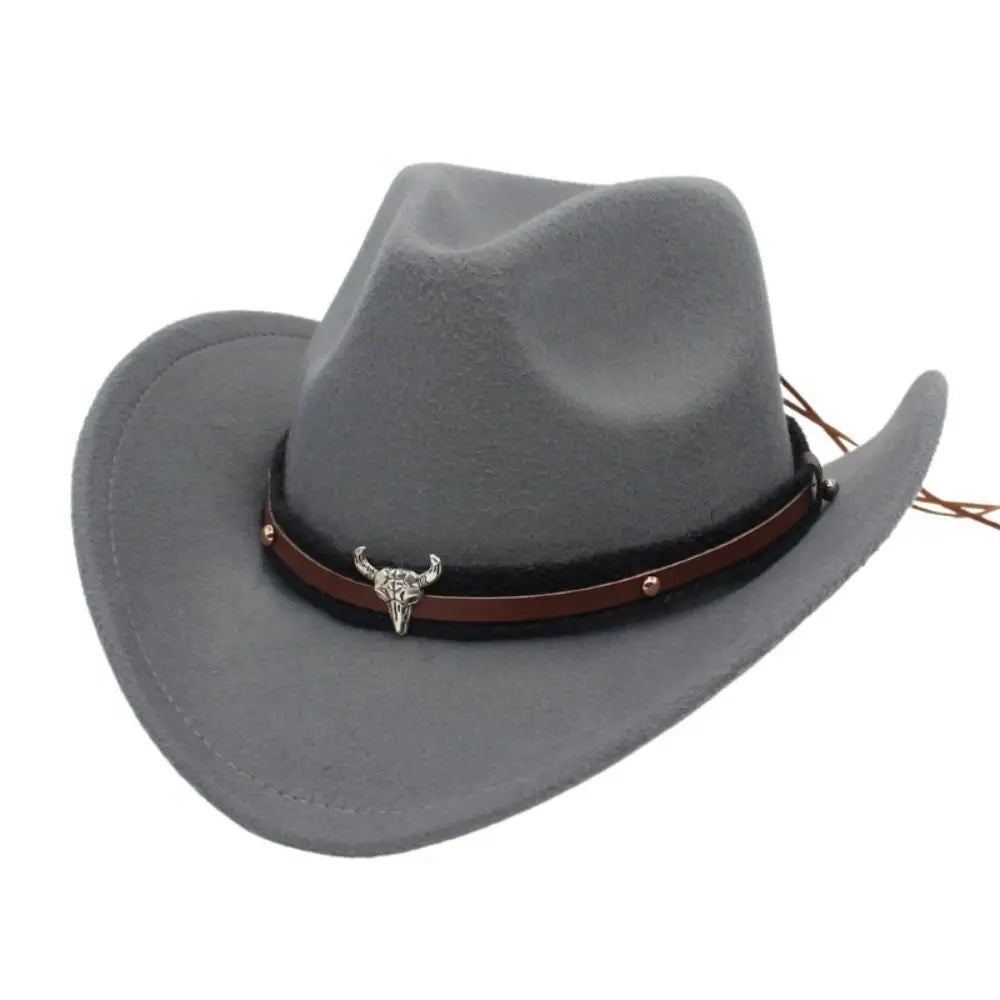 Western Cowboy Hat – Jazz Knight Felt Hat with Bull Décor Grey